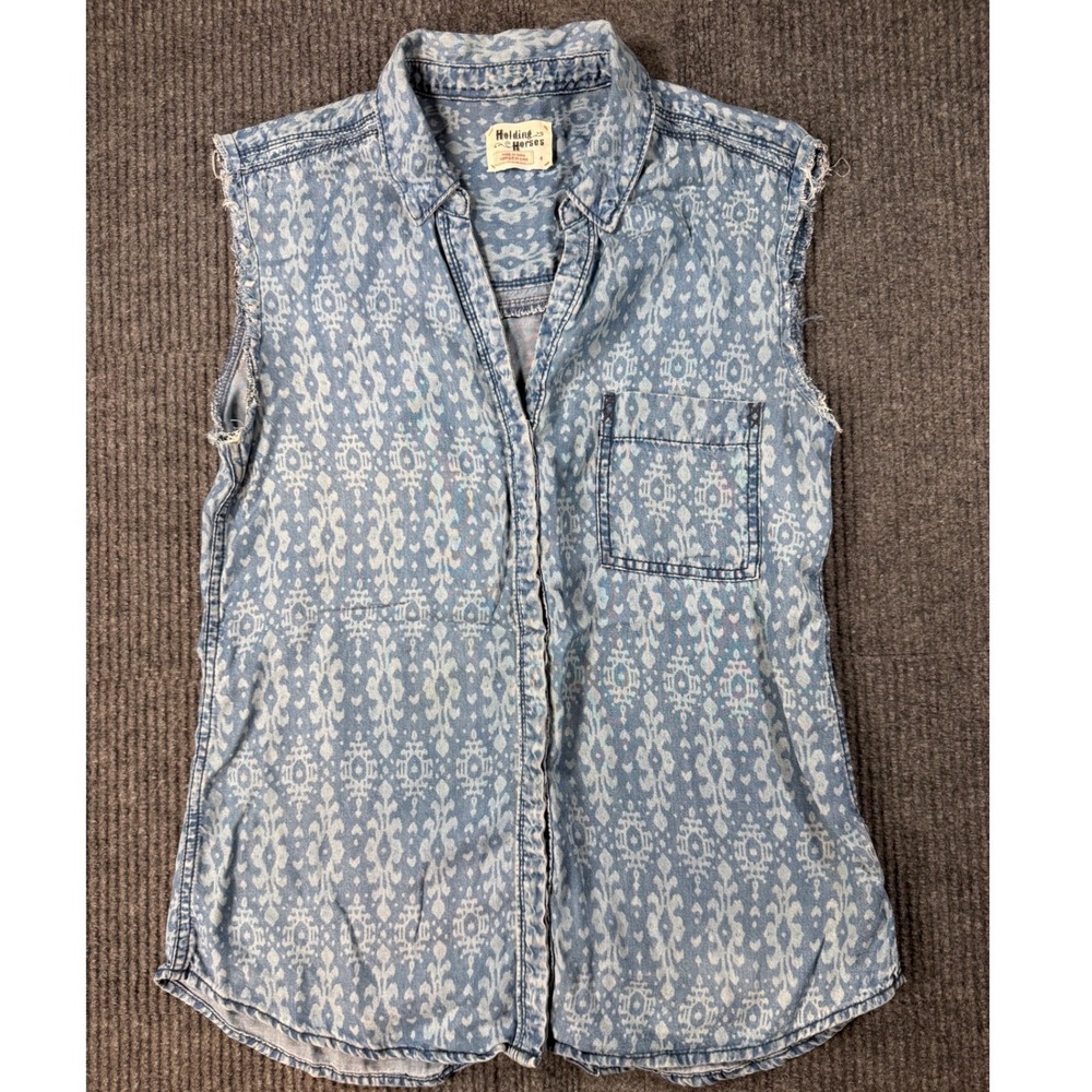 Holding Horses Anthropologie Blue Ikat Tencel Sleeveless Denim Shirt Top Size 4